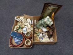 Two boxes of miscellaneous china including animal ornaments, pair of Edwardian framed prints,