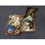 Two boxes of miscellaneous china including animal ornaments, pair of Edwardian framed prints,