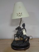 A resin figural lamp - Man in military dress on horse, together with further rearing horse figure.