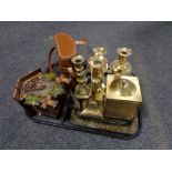 A tray of brass candlesticks, tea caddy, cuckoo clock,