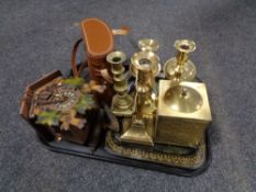 A tray of brass candlesticks, tea caddy, cuckoo clock,