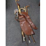 A leather gun bag containing assorted walking and shooting sticks
