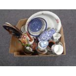 A box of china to include Portmeirion pot, figure of a cockerel,