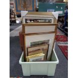 A box of framed pictures and prints, white and gilt mirror,