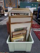 A box of framed pictures and prints, white and gilt mirror,