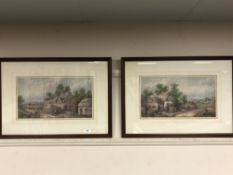 A pair of colour prints depicting figures by a cottage