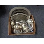 A box of 20th century plated wares to include serving trays, embossed tray,