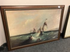 A mahogany framed oleograph depicting boats at sea