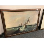 A mahogany framed oleograph depicting boats at sea