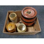 A box of sherry barrel, three stoneware kitchen jars,