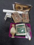 Two boxes of crab pots, rolled maps, cutlery, glass ware,