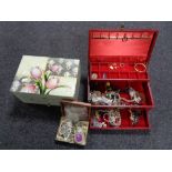 A tray of three jewellery boxes, costume jewellery,