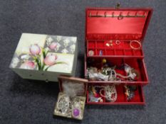 A tray of three jewellery boxes, costume jewellery,