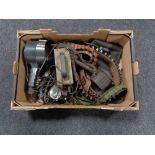 A box of ammunition belts, leather gun bag,