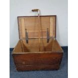 An antique pine blanket box and a walking stick