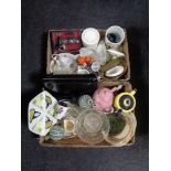 Two boxes of miscellany to include pair of hand blown bulbous vases, kitchen storage jars, teapots,