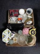 Two boxes of miscellany to include pair of hand blown bulbous vases, kitchen storage jars, teapots,