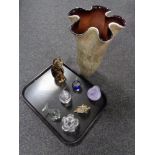 A tray of assorted glass ware to include Murano cat, Caithness vase, large envelope vase,