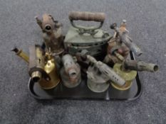 A tray of six vintage blow lamps and an iron