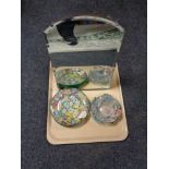 A tray of early twentieth century hand painted glass dish, four glass plates with decoration,