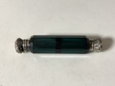 A Victorian green cut glass double ended scent bottle.
