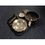 A tray of metal ware to include Chinese bronze swing handled embossed censer with dragon design,