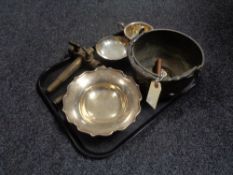 A tray of metal ware to include Chinese bronze swing handled embossed censer with dragon design,