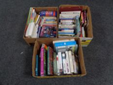 Three boxes of hard back and paperback books - novels, autobiographies,