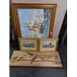 A Montague Dawson framed print - Java and Constitution, pair of gilt framed coloured etchings,