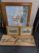 A Montague Dawson framed print - Java and Constitution, pair of gilt framed coloured etchings,