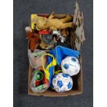 Two boxes of twentieth century toys, signed Sheffield Wednesday football holdall, mohair teddy bear,