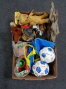 Two boxes of twentieth century toys, signed Sheffield Wednesday football holdall, mohair teddy bear,