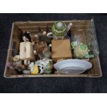 A crate of assorted china, contemporary figures,