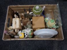 A crate of assorted china, contemporary figures,
