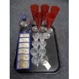 A tray of antique and later glass, decanter,