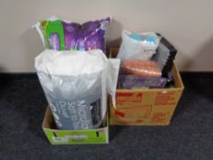 Two boxes containing wool, duvets, blanket,