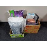 Two boxes containing wool, duvets, blanket,