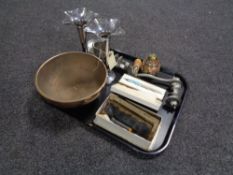 A tray of brass fire bell from Roby Lincoln, mincer, silver mechanical pencil,