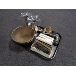 A tray of brass fire bell from Roby Lincoln, mincer, silver mechanical pencil,