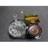 A tray of glass, carnival glass bowls, Art Deco trough with green glass liner,