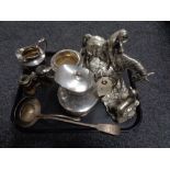 A tray of twentieth century plated wares, three piece tea service, soup spoon,