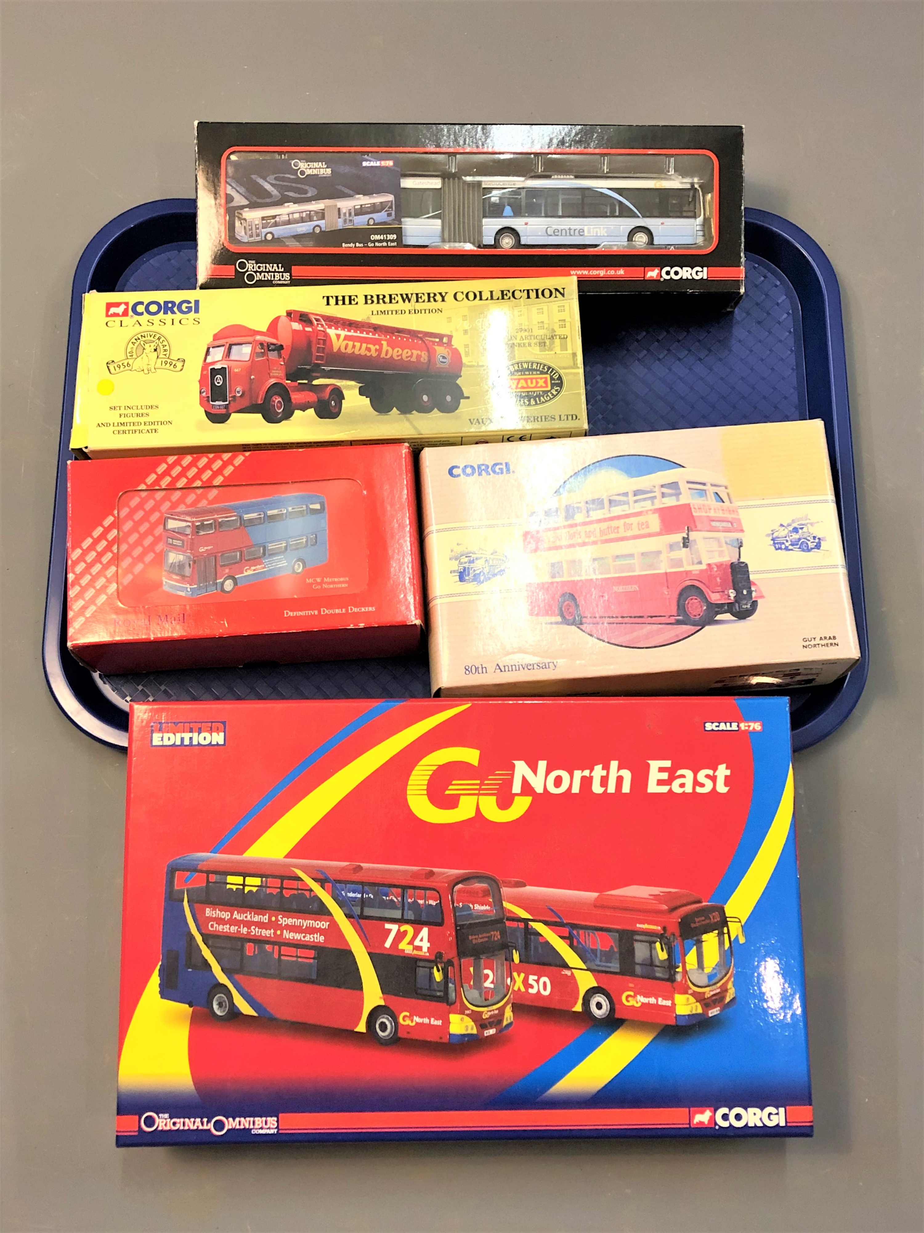 A Corgi Go North East OM49903 boxed Wright Bus set, Centrelink Bendy Bus, 97206 Guy Arab Northern,