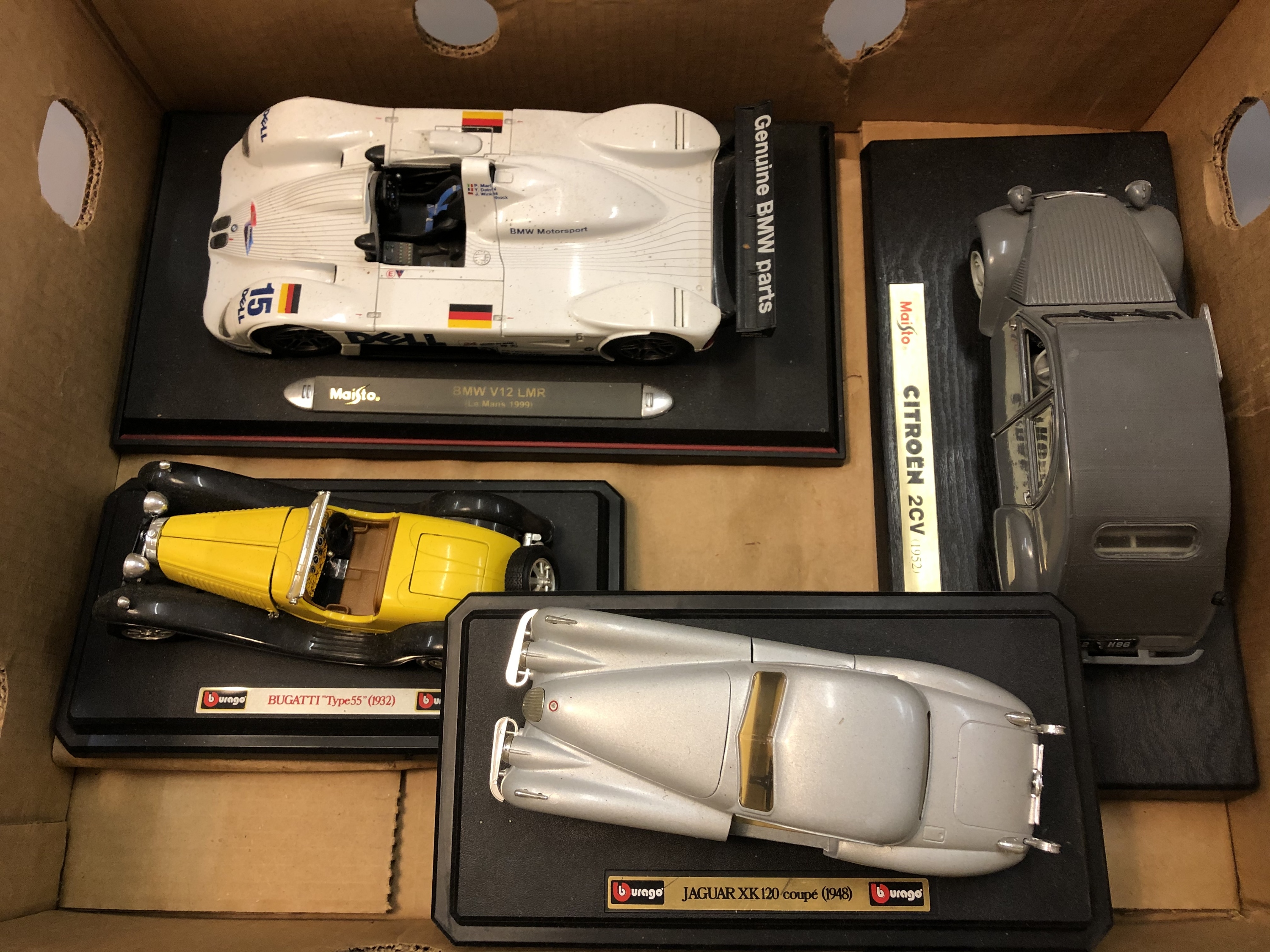 Two Maisto die cast cars; BMW V12 LMR (Le Mans 1999) and Citroen 2CV (1952),