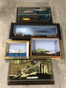 Five dioramas depicting sailboats, mercantile dock etc, largest 68cm wide.