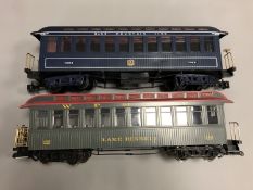 Two Bachmann passenger cars; Observation W.P. and R.Y. Lake Bennett and Blue Mountain Line.