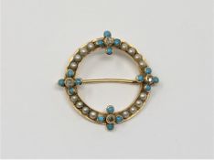 An antique yellow metal (tests 15ct gold) pearl turquoise and diamond brooch, 5.85g.