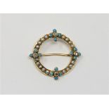 An antique yellow metal (tests 15ct gold) pearl turquoise and diamond brooch, 5.85g.
