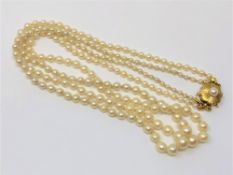 A 20 inch double strand of pearls on 14ct gold clasp