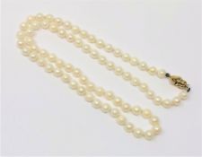 A 20 inch strand of pearls of 18ct gold clasp