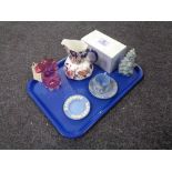 A tray of boxed Lladro Christmas tree, Wedgwood blue and white jasper ware, Ironstone jug,
